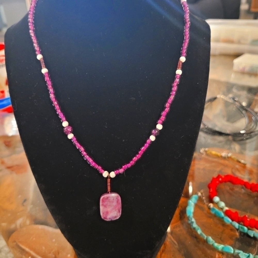 18" purple glass bead necklace
